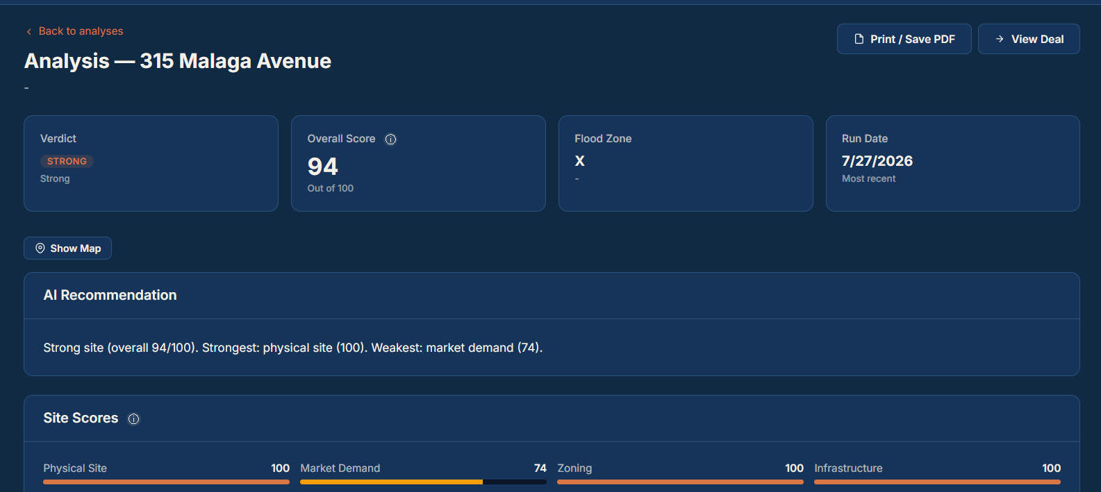 DevTraq site analysis with verdict, overall score and site scores