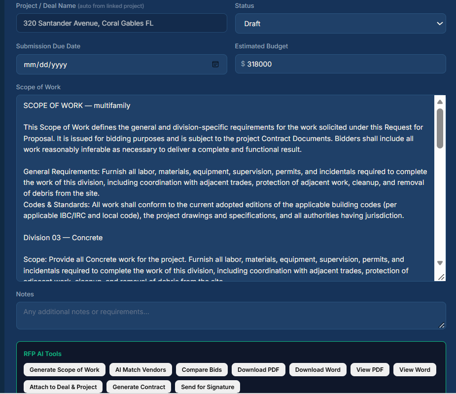 DevTraq RFP editor linked to a deal, with the estimated budget prefilled from the pro forma, an AI-generated scope of work, and tools to match vendors, compare bids, generate contracts and send for signature